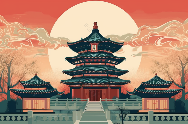 夕阳晚霞云彩塔阁楼楼阁故宫殿堂天坛中国风国潮插画,插画/手绘图,插画/手绘图库,插画/手绘图下载,插画/手绘